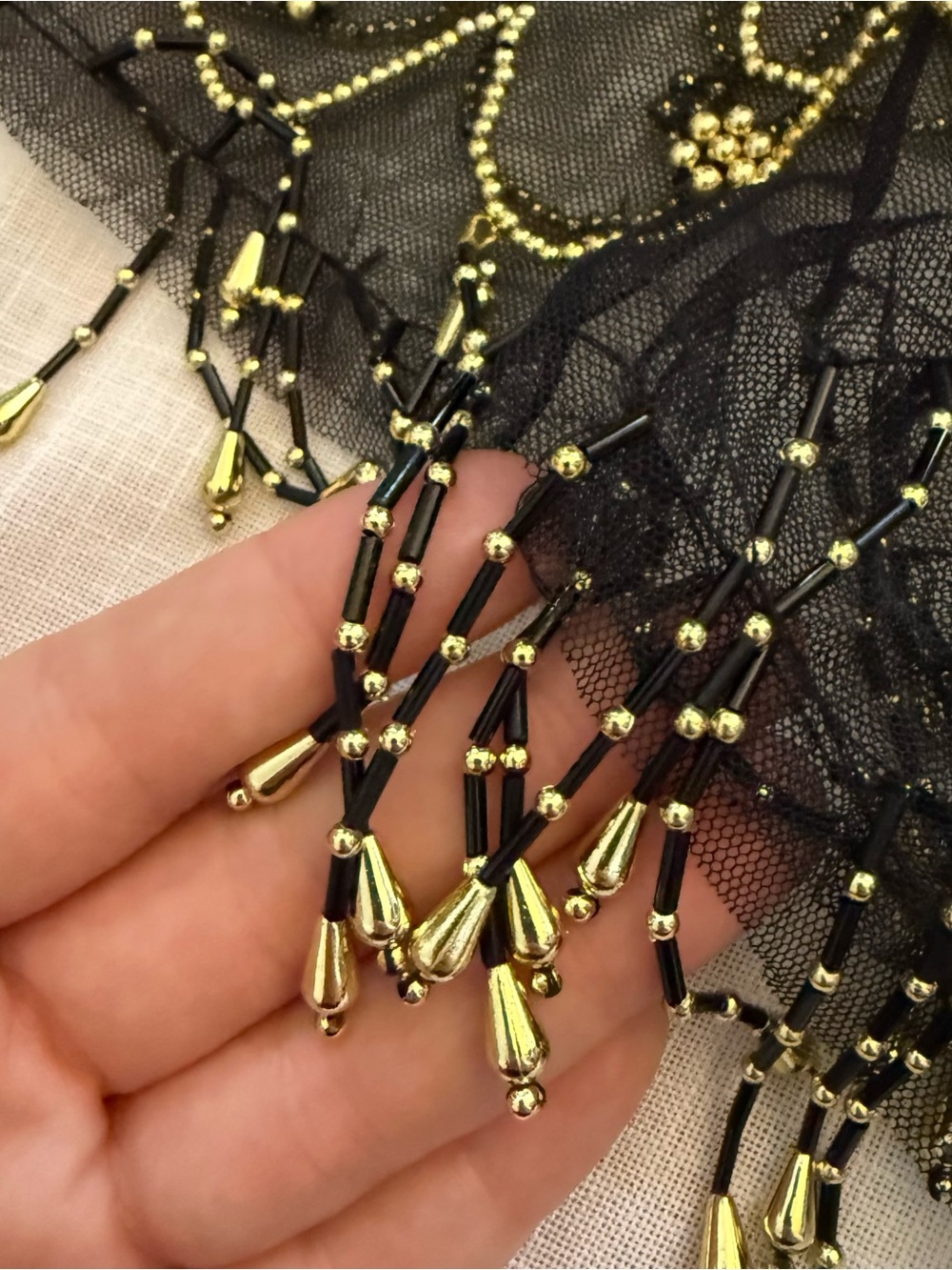 Vintage 1920’s Black Beaded Fringe Mesh Shawl with Gold Accents - Picture 6 of 7